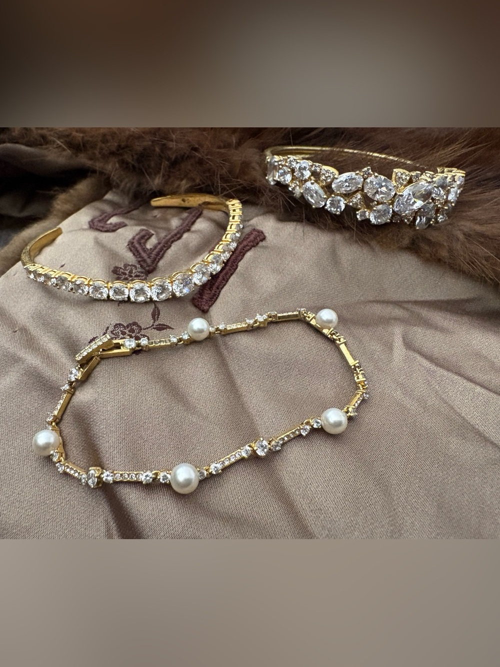 3  Gold-Tone Bracelets 2 Crystal and 1 Pearl & Crystal